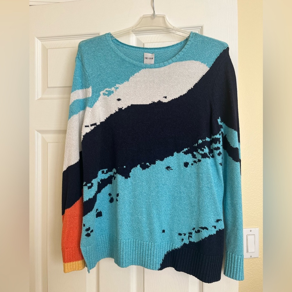 NIC+ZOE Blue and White Crew Neck Sweater